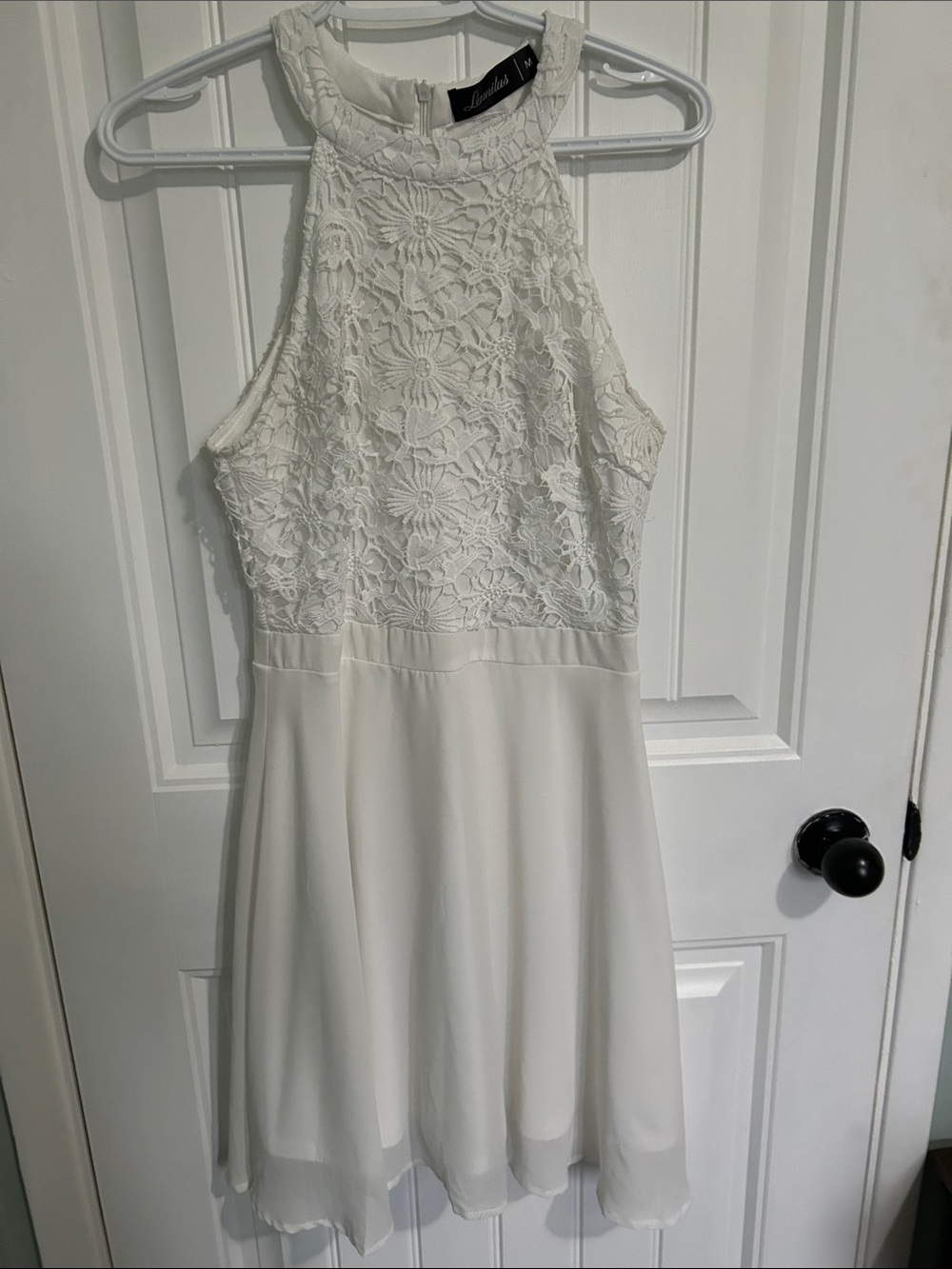 Sleeveless Ivory Lace Halter Mini Dress